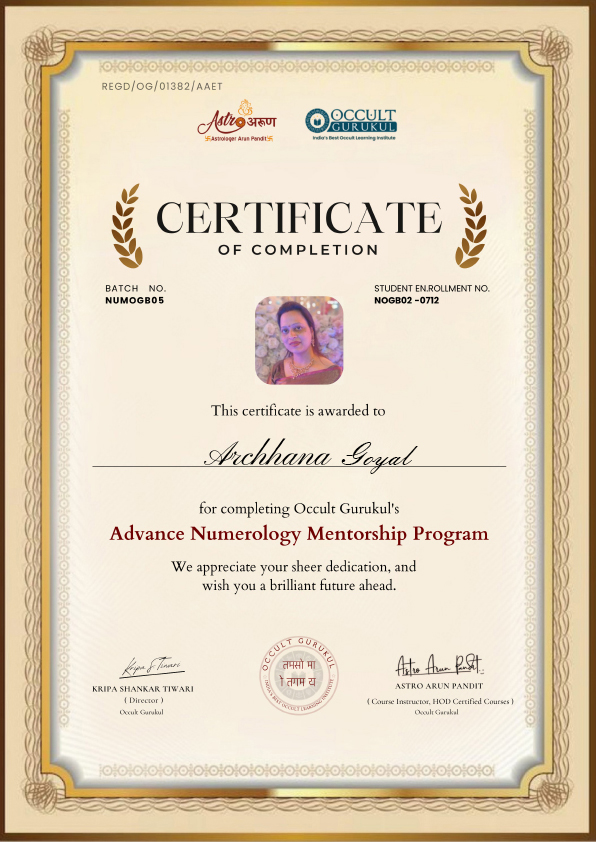 Certification of completion Advance Numerology Mentorship